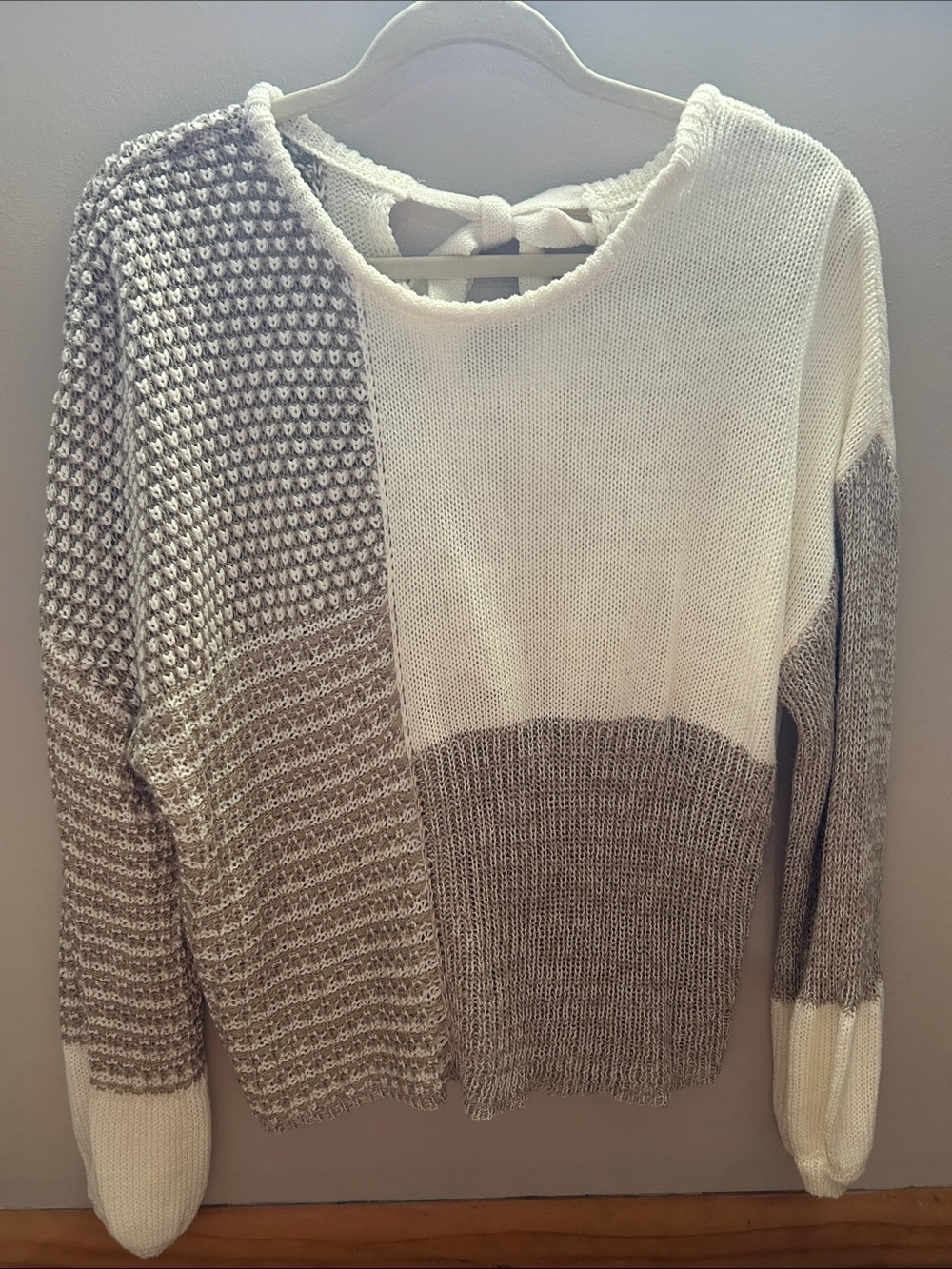Cozy Two-Tone Knit Sweater with Tie Back